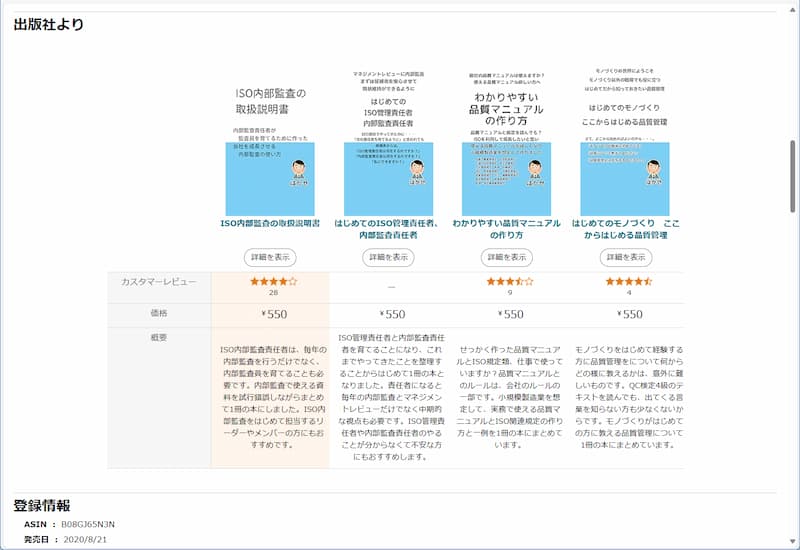 AmazonでのKindle本のAmazon A+ コンテンツの比較表